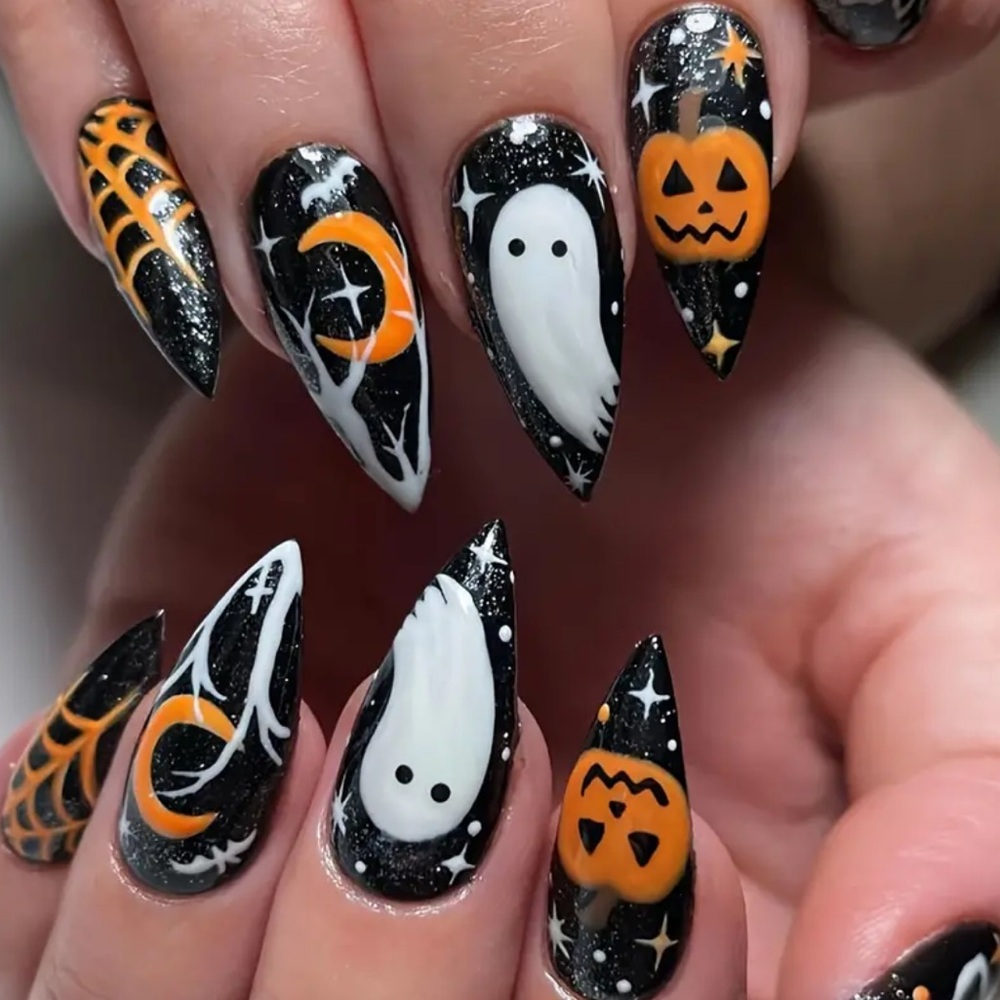 🎃👻 Halloween Ghost & Pumpkin Press-On Nails 👻🎃